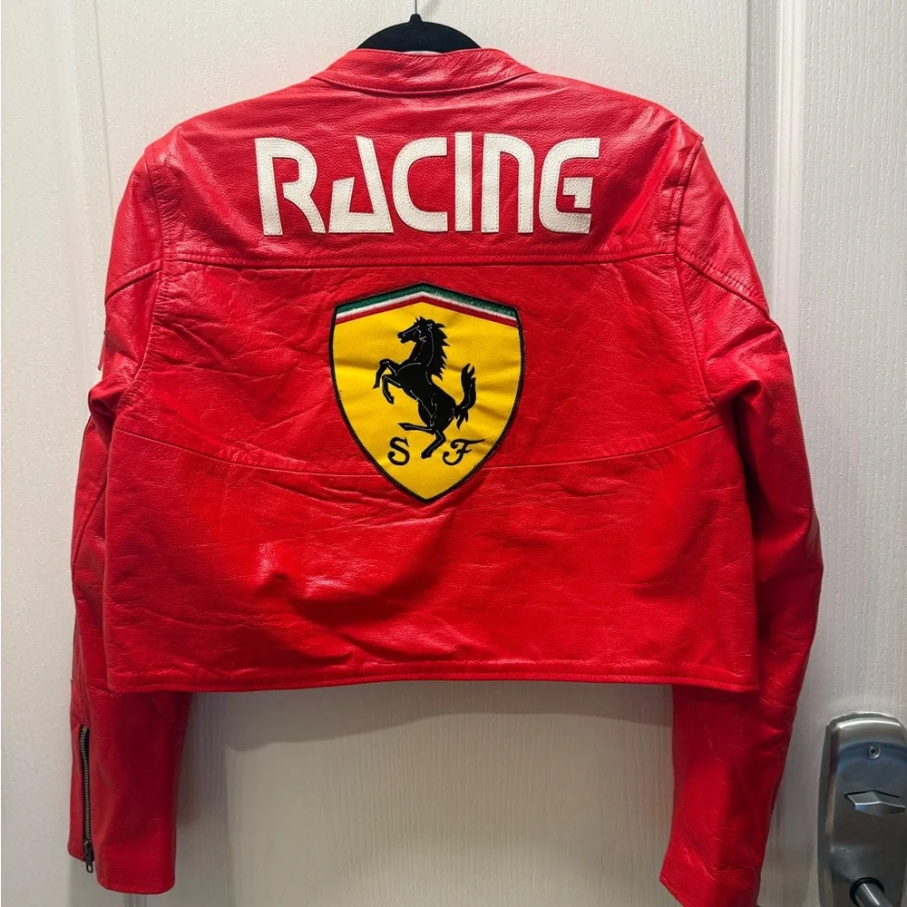 Handmade Vintage Ferrari Racing Vegan Leather Crop Jacket Red Formula1 Size XS/S - Picture 5 of 6